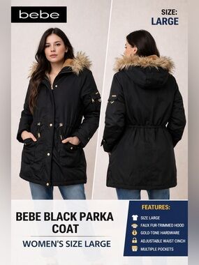 Bebe Black Puffer Parka Coat Women’s Large Faux Fur Hood Winter Jacket